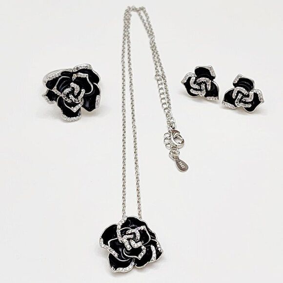 Sterling Silver Jewelry Set Black Rose Earrings, Necklace Ring - Picture 1 of 3